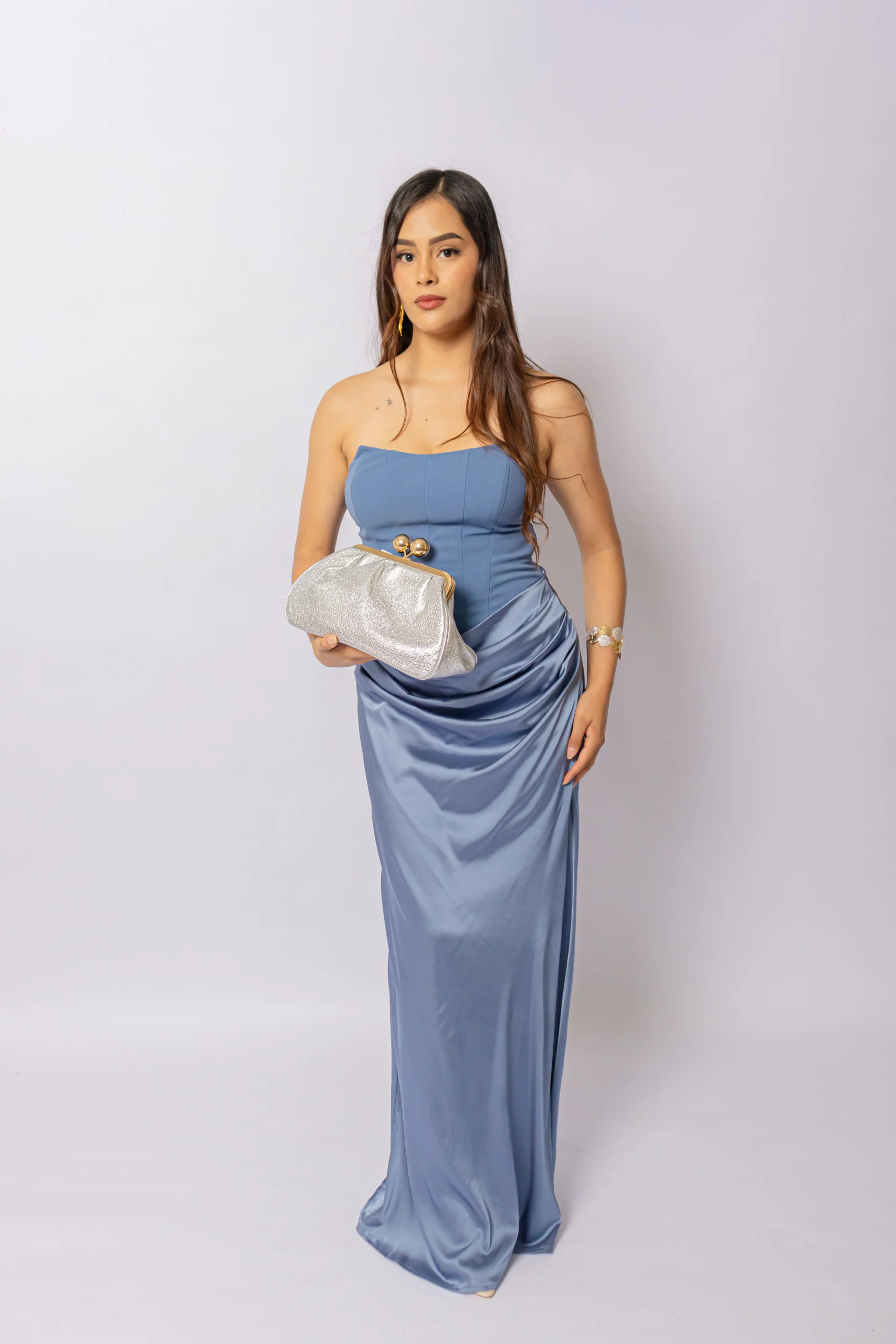 VESTIDO LARGO AZUL  CIELO DRAPEADO